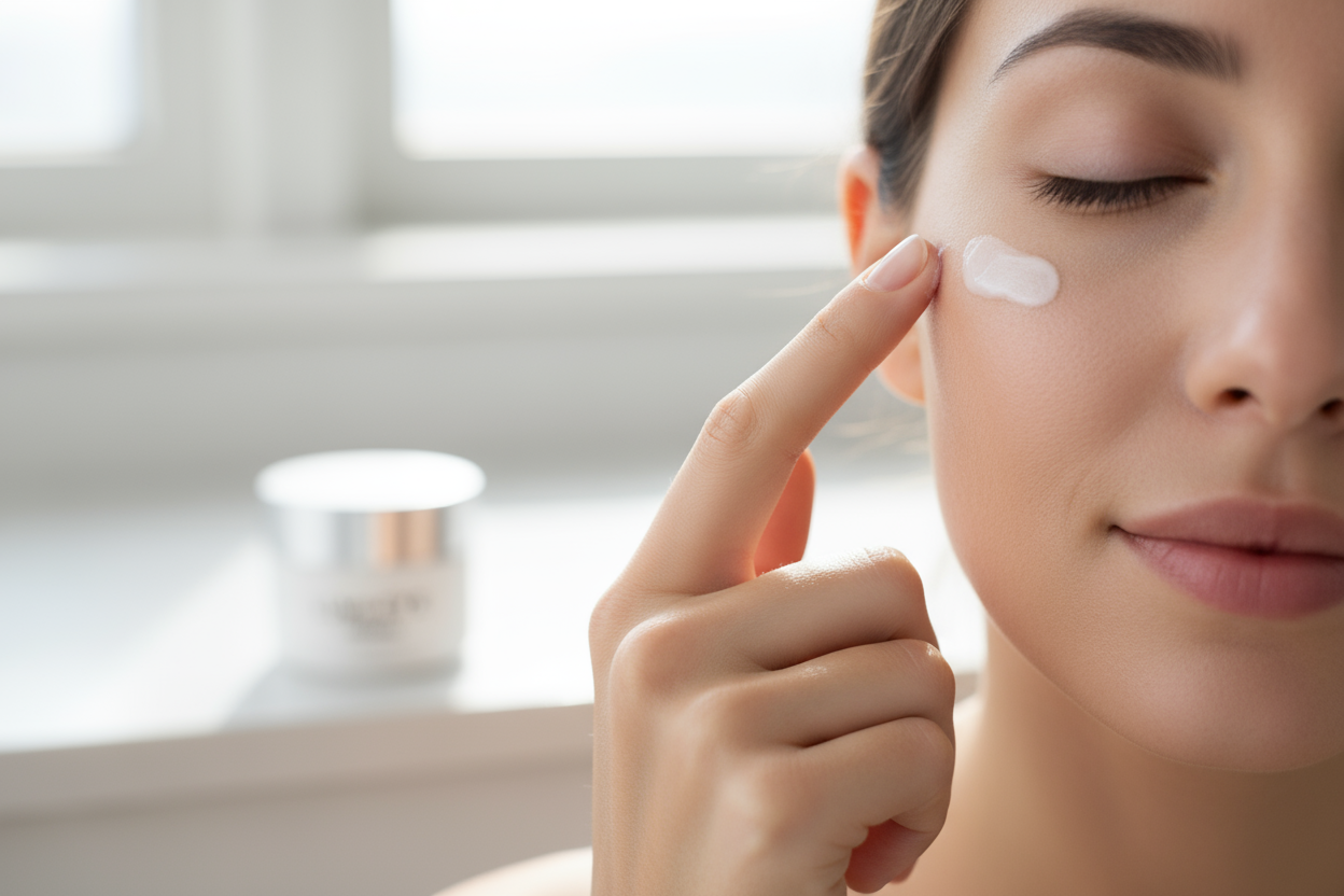 Applying cream to remove dark circles 